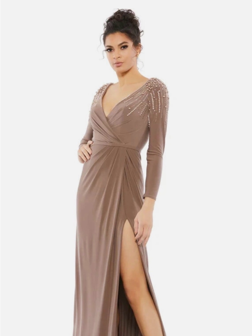 Mac Duggal Taupe Mocha Beaded Long Sleeve Maxi Gown 
Sizes available 8, 14 ,16